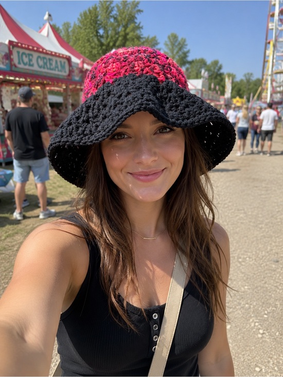 Hand Crafted Accessories - Handmade Crochet Acrylic Bucket Hat | Black & Pink | One Size